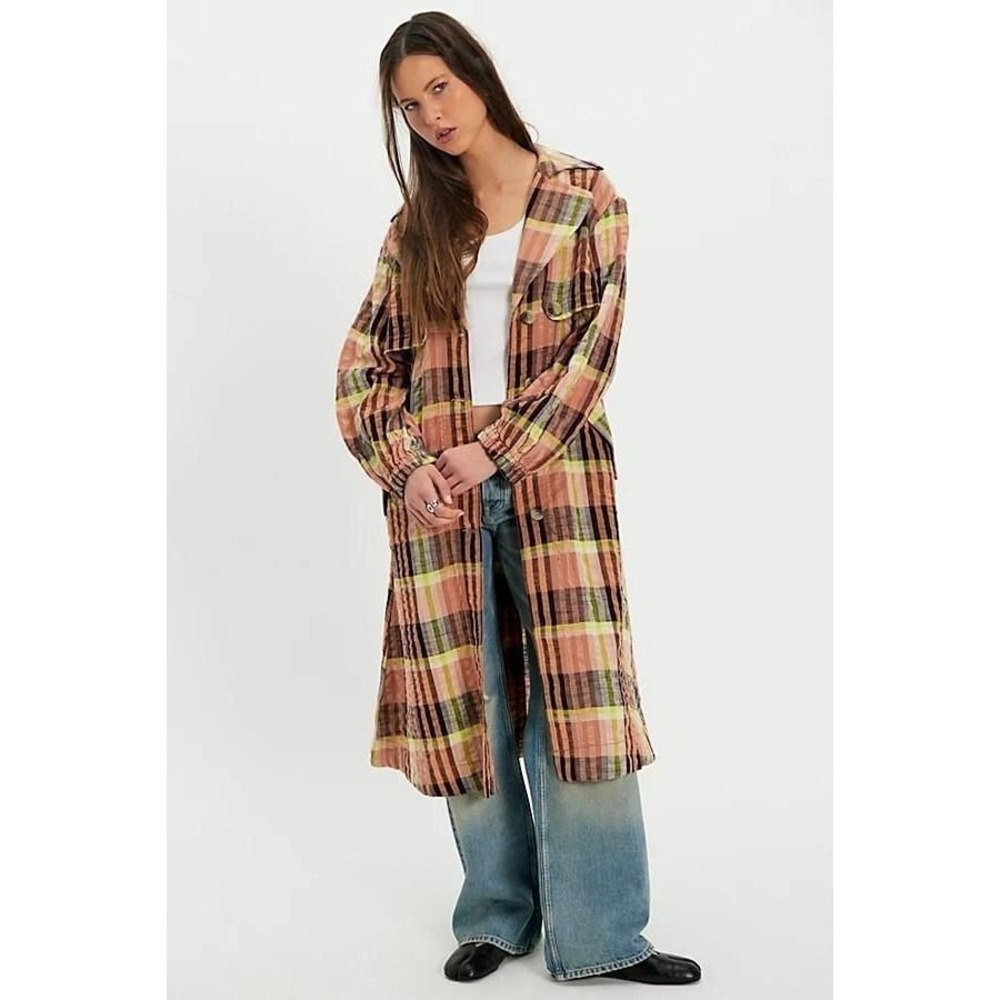 Free People We The Free Bliss Maxi Trench Coat Neutral Plaid Medium NEW NWT